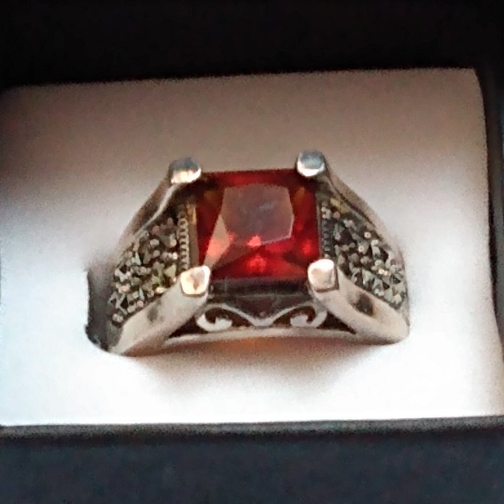 Marcasite Sterling Silver Ring with Cut Red Glass